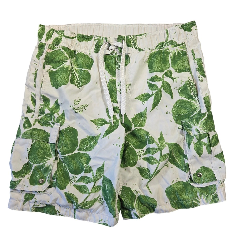 Mossimo Men Green White Hibiscus Floral Cargo Swim Trunks Mesh Lined M Y2k 2000s